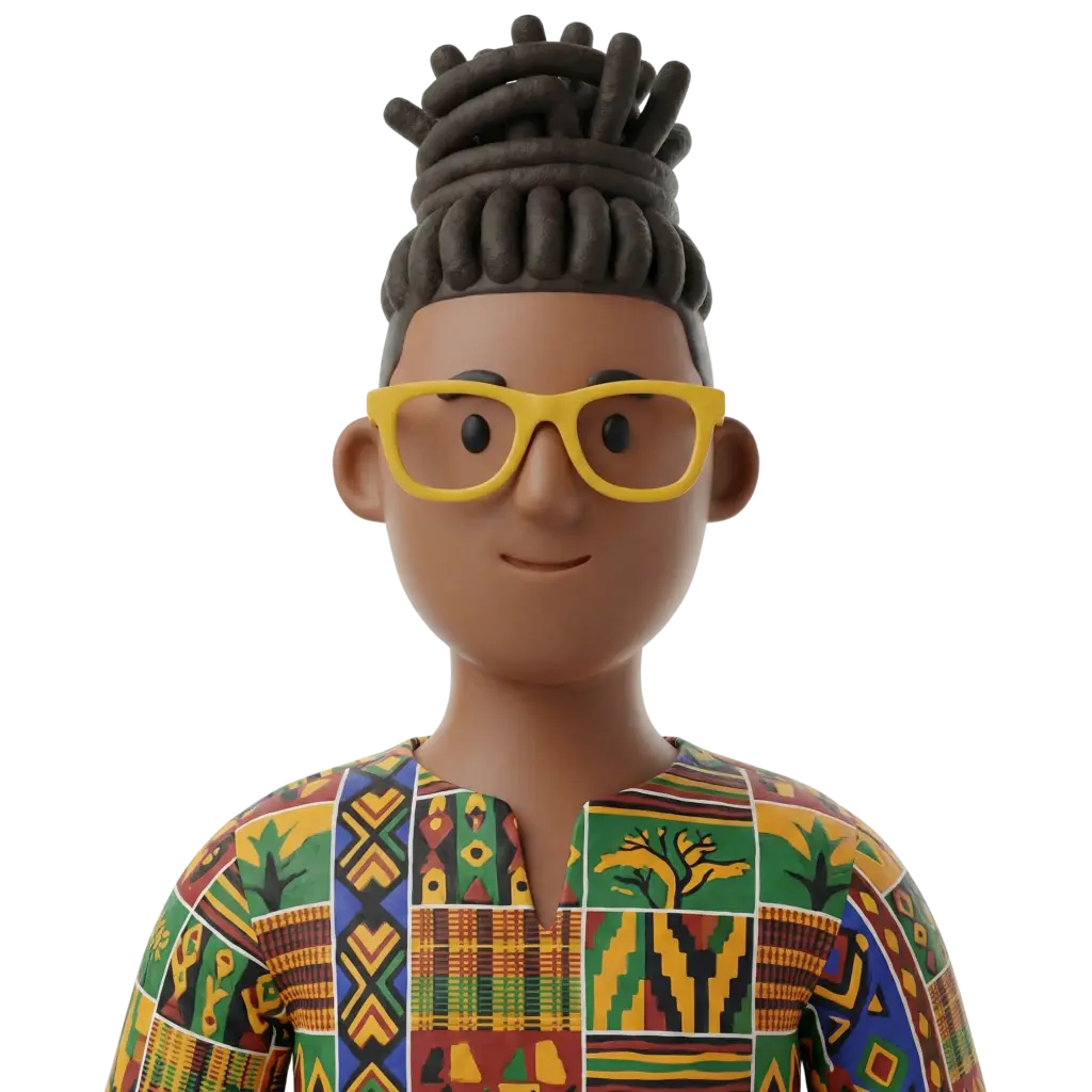 3D portrait bust of a South African man with dark skin, yellow glasses, and textured dreadlocks tied in a high bun, wearing a colorful patterned shirt with geometric African motifs; neutral smile, forward-facing pose on a black isolated background.