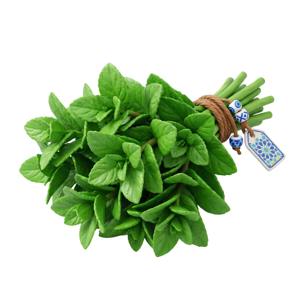 3D render of a bunch of spearmint with bright green textured leaves, tied with brown twine and decorated with blue patterned beads and a tag, isolated on a dark/transparent background.