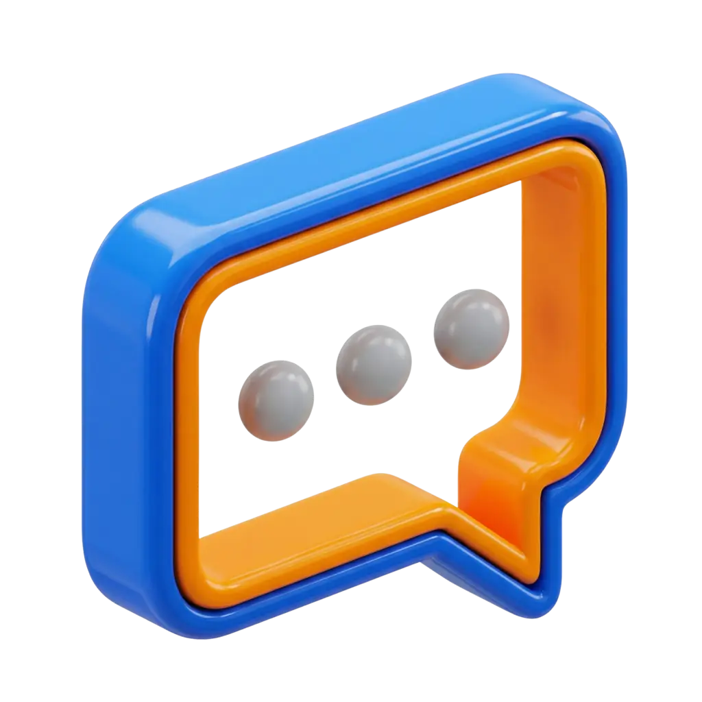3D render of a glossy blue and orange speech bubble icon with three gray spherical dots, smooth rounded edges and reflective plastic finish, isolated on a black background.