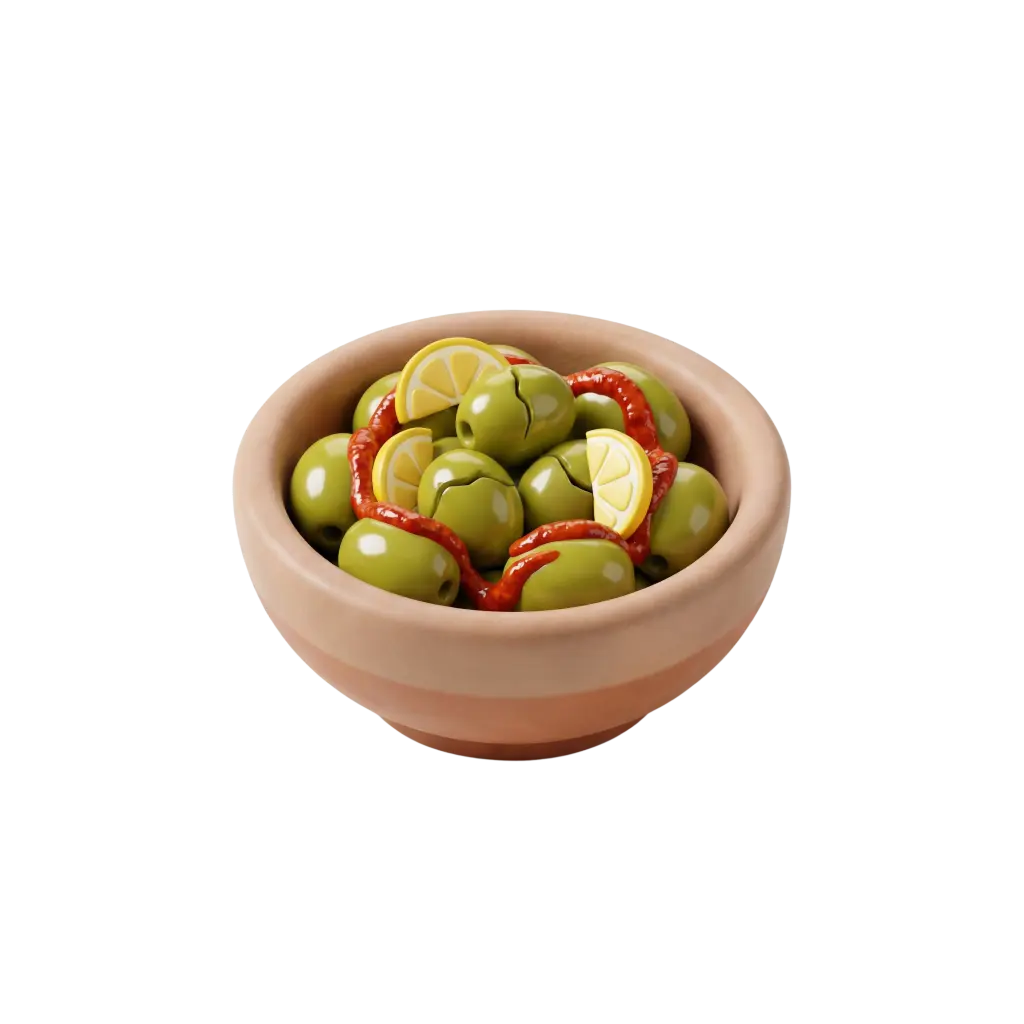 Close-up of a terracotta bowl filled with glossy green olives, red chili paste/strips and lemon wedges on a black background.