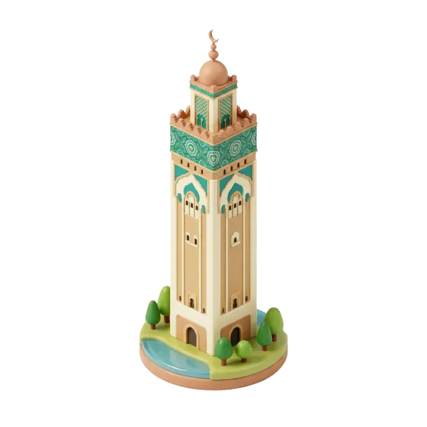 3D render of a stylized spiral minaret tower in pastel beige and turquoise with a decorative mosaic band, crescent finial, and a matte-satin plastic-like finish standing on a circular base with small trees and a water feature, isolated on a black background.