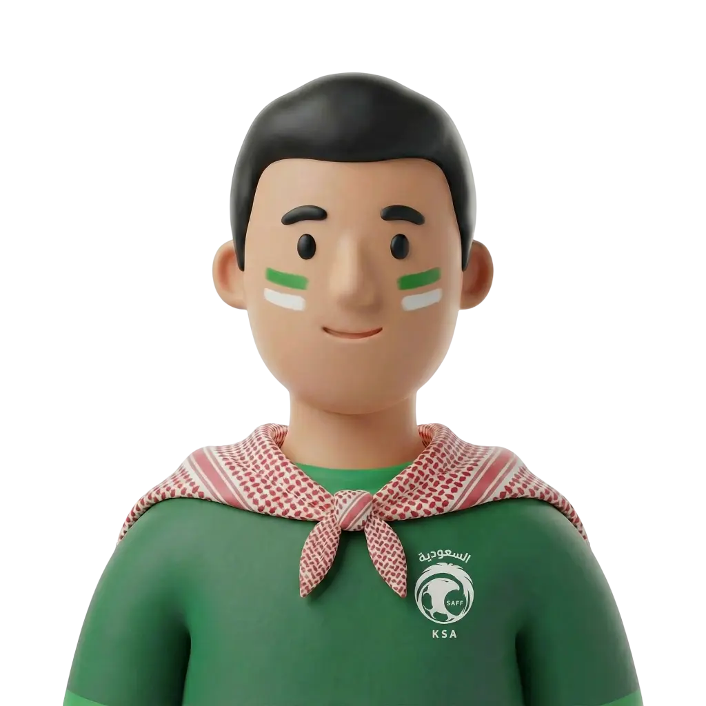 3D portrait bust of a male sports fan wearing a green jersey with SAFF KSA logo, a red-and-white shemagh tied as a neck scarf, green and white face paint stripes on his cheeks, short black hair and a slight smile, isolated on a black background.
