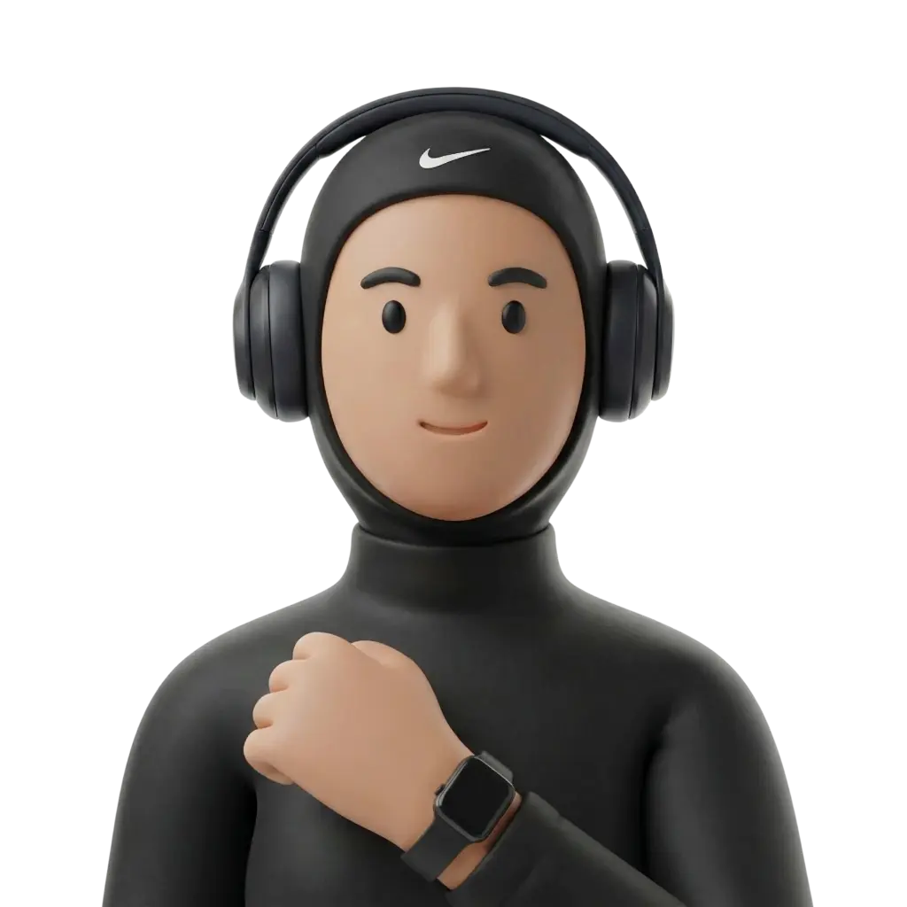 3D portrait bust of a young female wearing a black sports hijab and matching black high-neck top, with over-ear black headphones featuring a white Nike logo. She has a calm smile, a smartwatch visible on her wrist held near her chest, and an isolated black background.