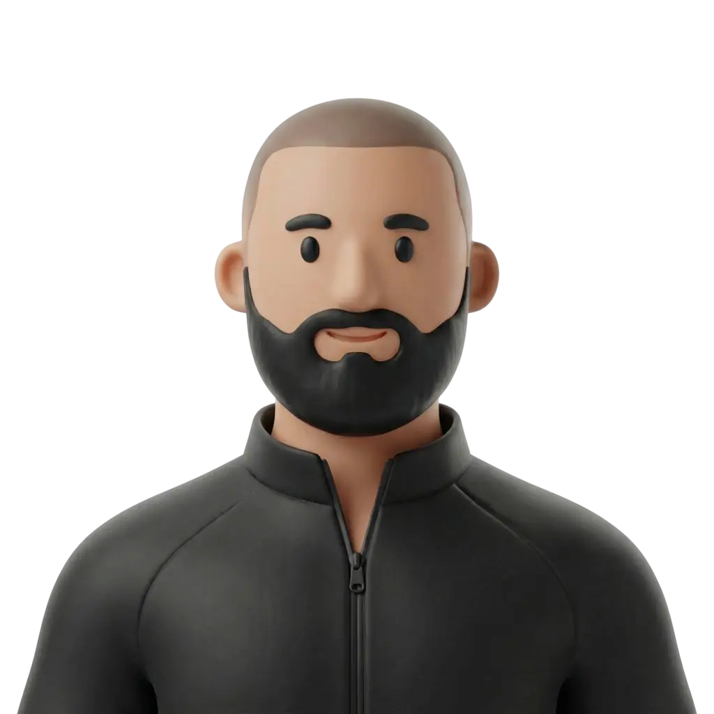 3D portrait bust of a bearded young man with cropped hair wearing a black zip-up sports jacket, neutral smile and forward-facing pose against a solid black background.