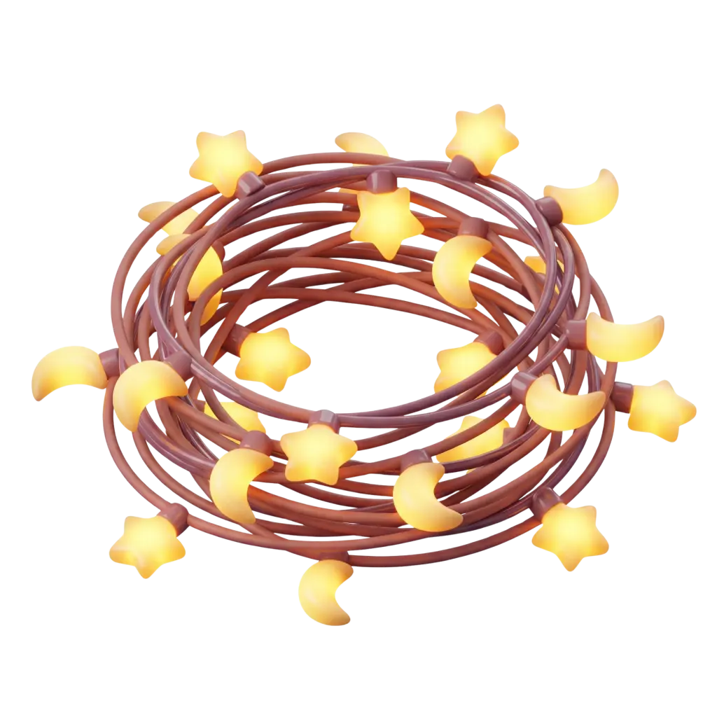 3D render of a coiled string of star-and-moon fairy lights with warm yellow translucent plastic bulbs and a matte brown cable, soft glossy glow on each star and crescent, isolated on a transparent background.
