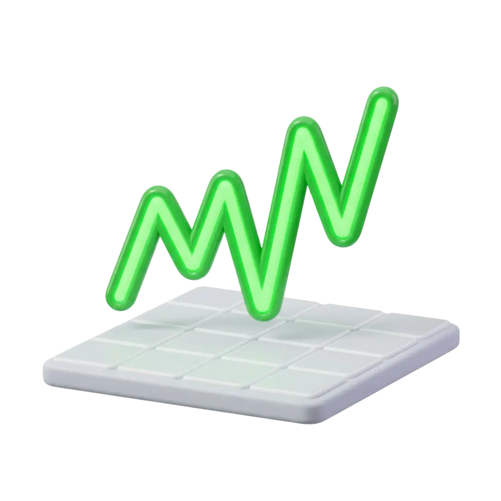 3D render of a neon-green zigzag stock chart line with a glossy finish floating above a rounded white tiled platform with a soft plastic look on a transparent background.