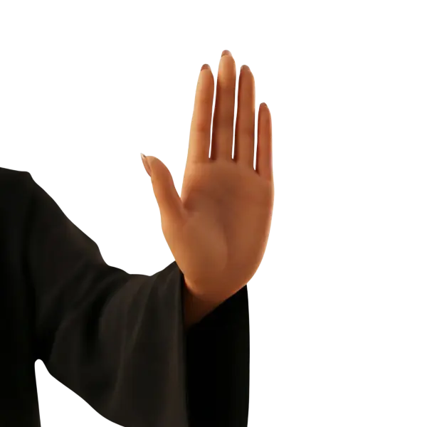 3D render of a raised human hand (palm facing forward) with realistic matte skin tone, slightly glossy nails and a black fabric sleeve; isolated on a black background.