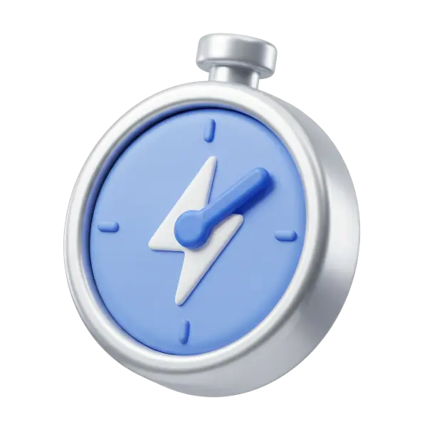 3D render of a stylized stopwatch with a glossy silver metallic case, a matte sky-blue dial, a white lightning-bolt motif at center and a single rounded blue hand, isolated on a transparent background.