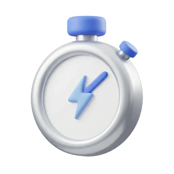 3D render of a round stopwatch with a matte silver case, soft blue top and side buttons, and a stylized blue lightning-bolt hand; slightly glossy metallic finish on an isolated transparent background.