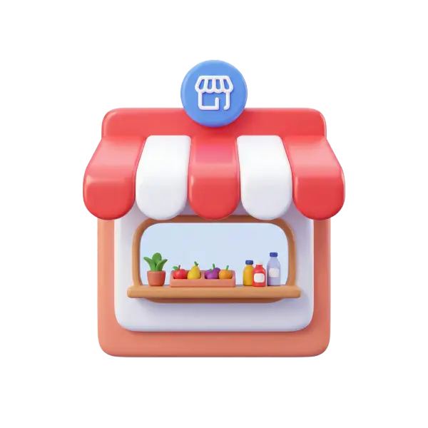 3D render of a small stylized storefront with a red-and-white striped awning, glossy soft-plastic finish, a wooden display shelf holding fruits and bottles, and a blue circular shop badge on top; isolated on a transparent background.