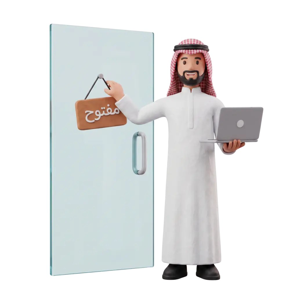Full-body 3D scene of a smiling male small business owner wearing a white thobe and red checkered ghutra, holding a laptop in one hand while hanging a wooden sign that reads "مفتوح" on a glass door with a metal handle. Scene is a stylized 3D render isolated on a transparent (black) background.