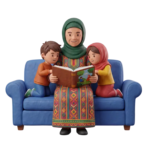 Full-body 3D scene of an elderly grandmother wearing a green hijab and a colorful patterned dress sitting on a blue sofa reading an open picture book while two children (a boy in an orange top and a girl in a pink hijab) lean close; isolated on a black background.