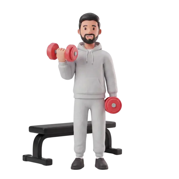Full-body 3D scene of a single male character with a beard wearing a grey hoodie and joggers holding red dumbbells, standing in front of a gym bench. The stylized model smiles in a strength-training pose on a clean black background.