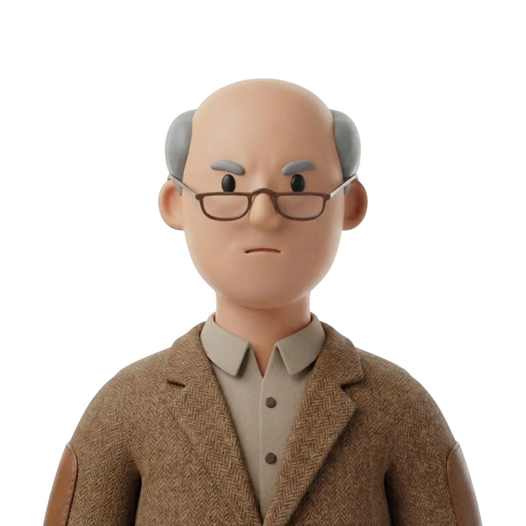 3D portrait bust of an older bald man with grey side hair, wearing rectangular glasses, a beige shirt and a brown tweed jacket with elbow patches, showing a stern expression and neutral posture against a black background.