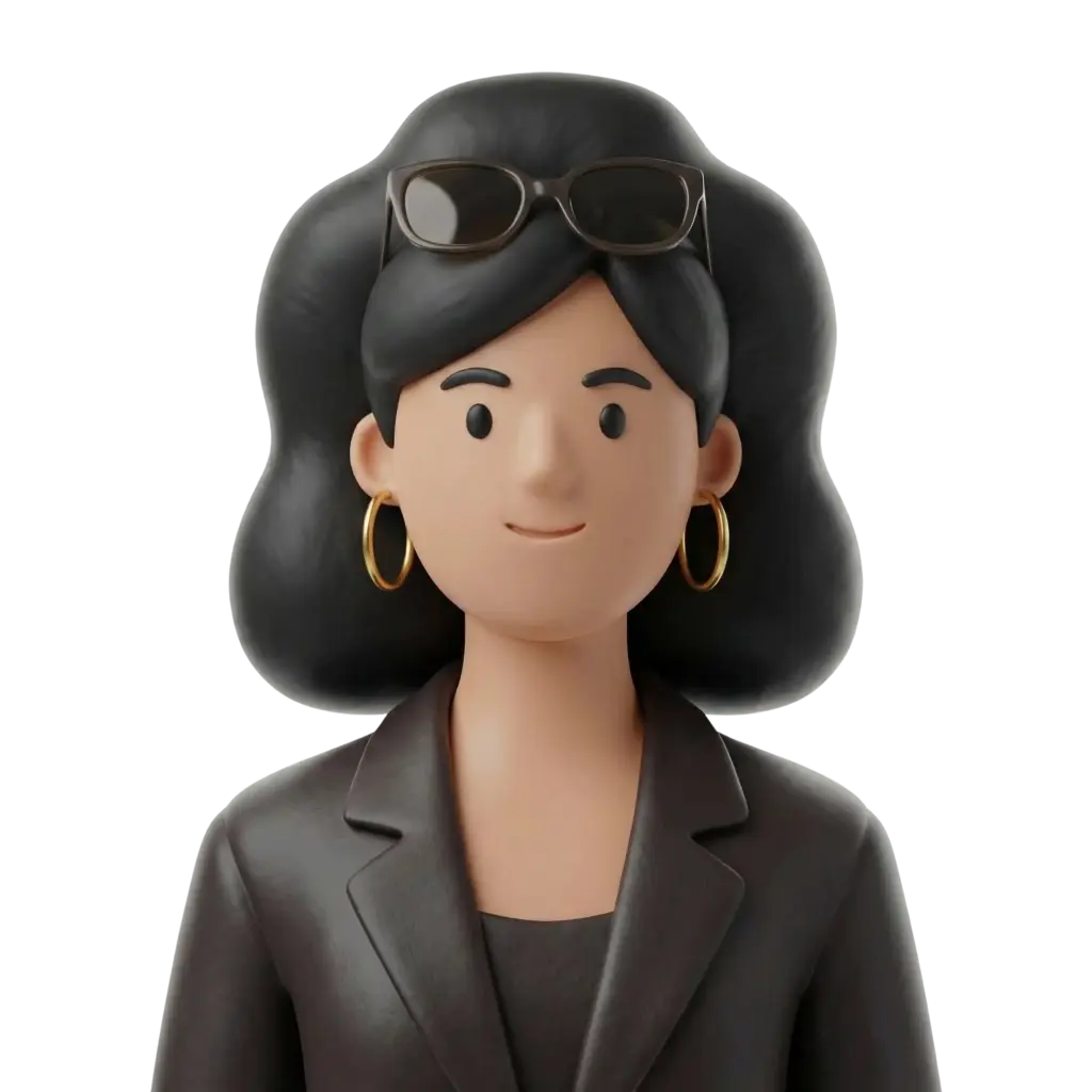 3D portrait bust of a stylish Lebanese woman with voluminous black hair, gold hoop earrings, sunglasses perched on her head, wearing a dark blazer, neutral expression and slight smile against a dark isolated background.