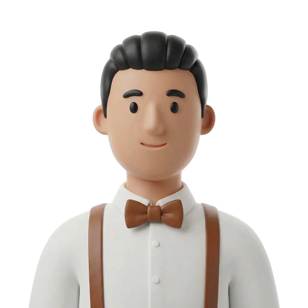 3D portrait bust of a male barber wearing a white shirt with a brown bow tie and brown suspenders, short slicked black hair, neutral smile and friendly expression, front-facing and isolated on a transparent background.