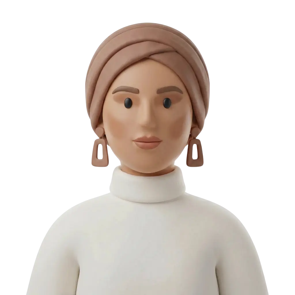 3D portrait bust of a young woman wearing a beige turban-style hijab, a white turtleneck top, and matching rectangular drop earrings, with a neutral expression and forward-facing pose against a dark/transparent background. The render is isolated with a smooth, matte finish and minimalist styling.