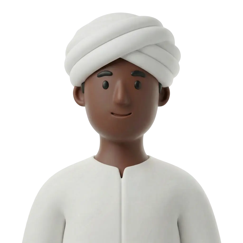 3D portrait bust of a Sudanese man wearing a white turban (ammama) and white jalabiya, warm brown skin, simplified black eyes and a subtle smile. Front-facing, neutral pose against a black background.