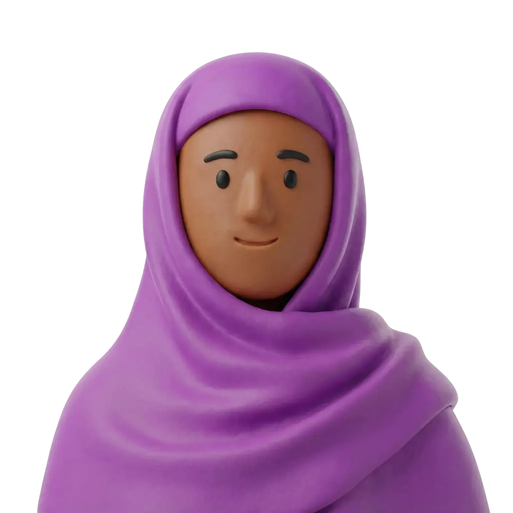 3D portrait bust of a Sudanese woman with brown skin wearing a purple hijab draped over her shoulders; stylized simple facial features with a small smile and black rounded eyes. Matte, clay-like finish on an isolated black background.