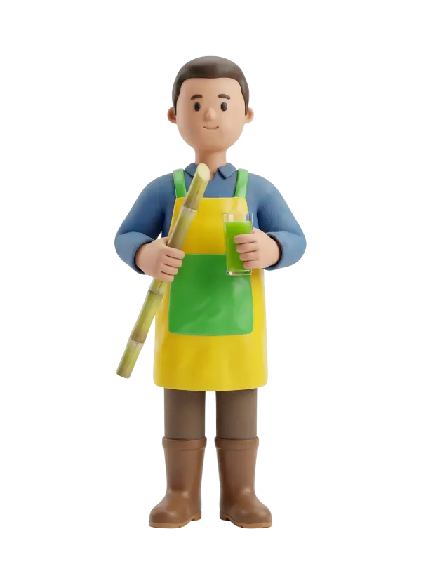 Full-body 3D character of a male sugarcane juice vendor wearing a blue shirt, yellow apron with a green pocket, brown pants and rubber boots, holding a sugarcane stalk and a glass of green juice. He has a friendly neutral smile and stands in a relaxed pose on a black background.