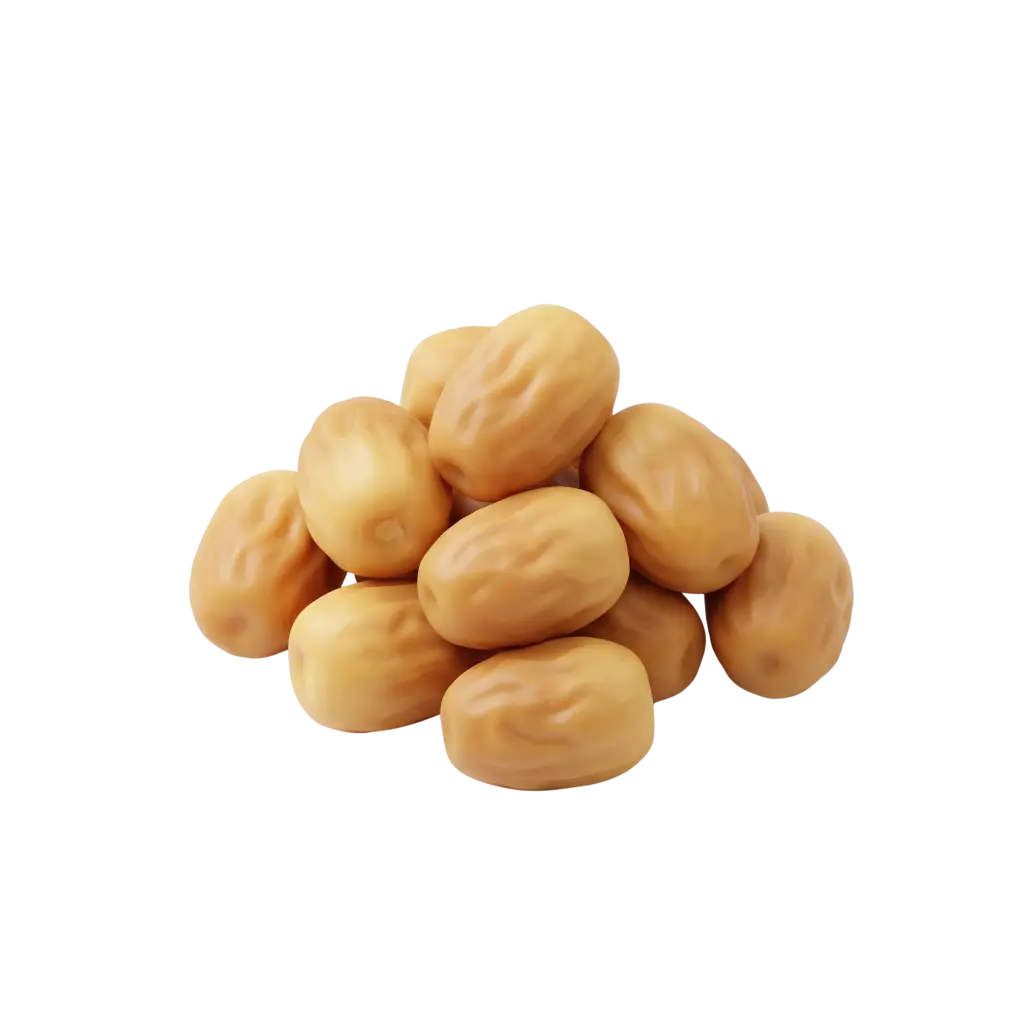 3D render of a small pile of light golden Sukkari dates with slightly wrinkled, glossy skins on a black transparent background.