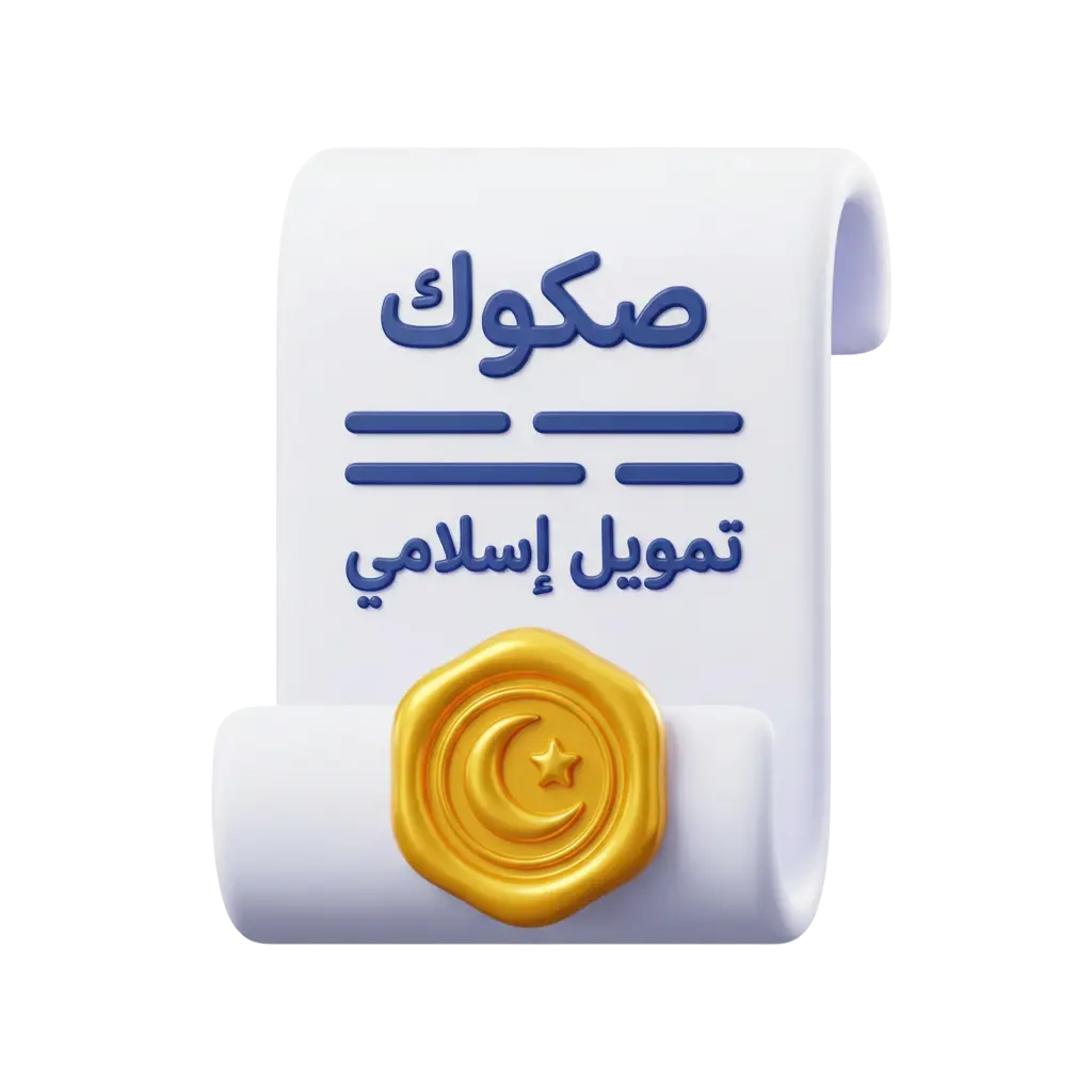 3D render of a white rolled certificate with raised blue Arabic text saying "صكوك" and "تمويل إسلامي", glossy gold wax seal embossed with a crescent and star, smooth matte paper-like finish, isolated on a black background.