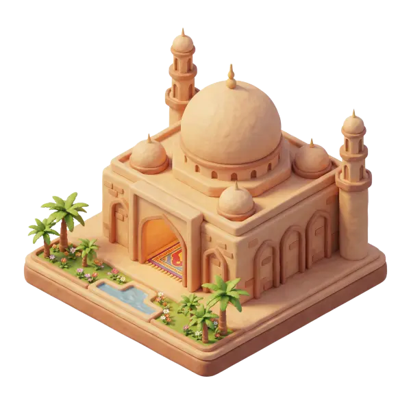 3D render of a stylized mosque model with a large central dome, four smaller domes, two tall minarets, sandy beige stone texture, a courtyard with palm trees, a small reflecting pool and a visible prayer carpet at the entrance; soft directional lighting and isolated on a dark background.