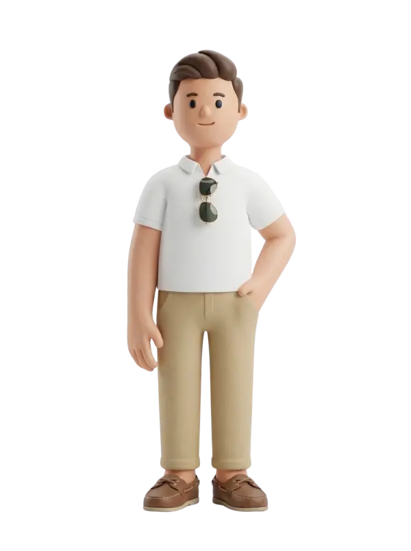 Full-body 3D character of a young man wearing a white polo shirt, beige khaki trousers and brown loafers, with sunglasses hooked to his collar and a gentle smile. He stands relaxed with one hand in his pocket against a black isolated background.