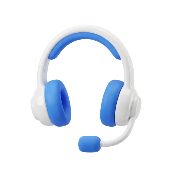3D render of a white over-ear support headset with bright blue foam ear cushions and a matching blue microphone cover, glossy plastic headband and matte padded cushions, isolated on a transparent background.