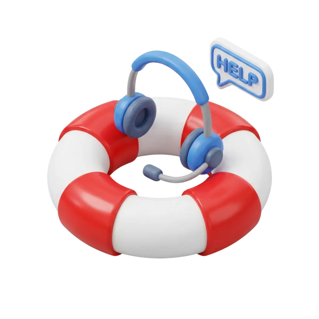 3D render of a red-and-white glossy lifebuoy with a blue matte headset and microphone resting on top, accompanied by a small 'HELP' speech bubble, isolated on a transparent background.