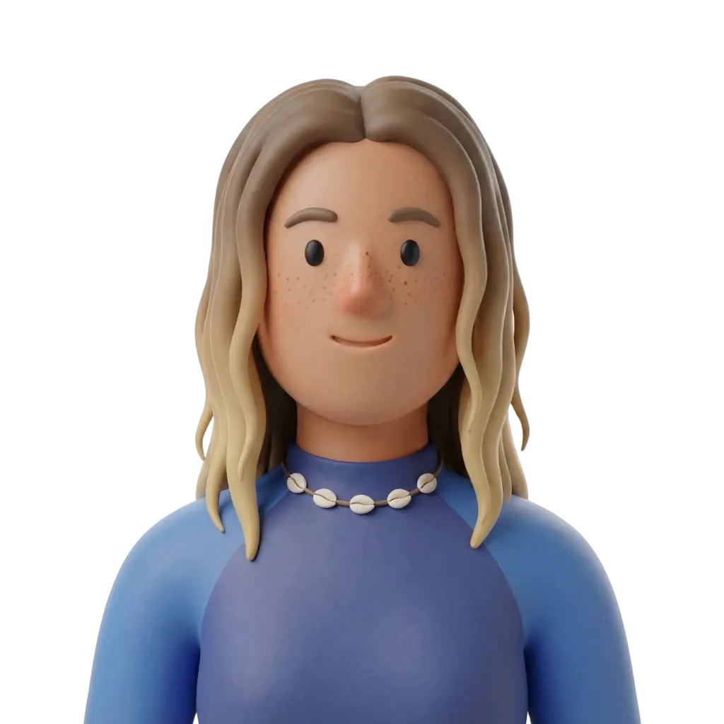 3D portrait bust of a female surfer from Taghazout wearing a blue wetsuit and a cowrie shell necklace, with wavy blonde hair, light freckles and a subtle smile. Isolated on a dark/transparent background in a neutral front-facing pose.