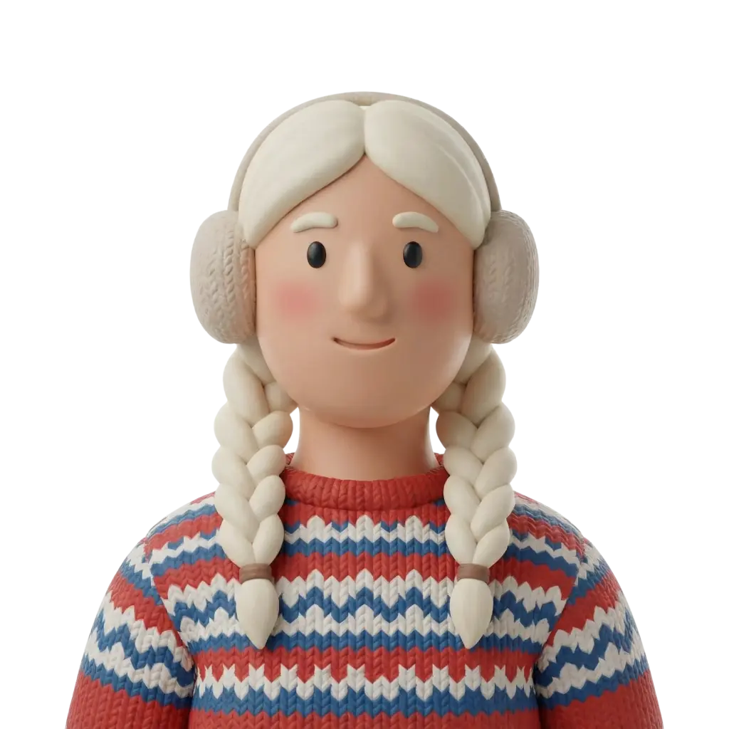 3D portrait bust of a female with blonde braided hair wearing beige earmuffs and a red-blue-white patterned knitted sweater, rosy cheeks and a subtle smile, isolated on a black background. Clean, stylized sculpt with cozy Scandinavian winter styling and an isolated render look.