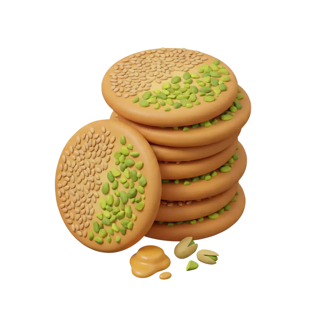 3D render of a stack of round Syrian Barazek cookies topped with sesame seeds and chopped green pistachios, with a single leaning cookie at the front and a caramel-like dollop and shelled pistachios beside it on a black background.
