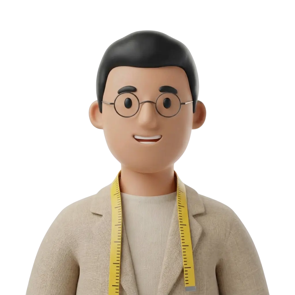 3D portrait bust of a male Syrian textile merchant wearing a beige jacket and light shirt, with a yellow measuring tape draped around his neck and round glasses, short black hair, and a friendly smile. Isolated on a plain dark background.