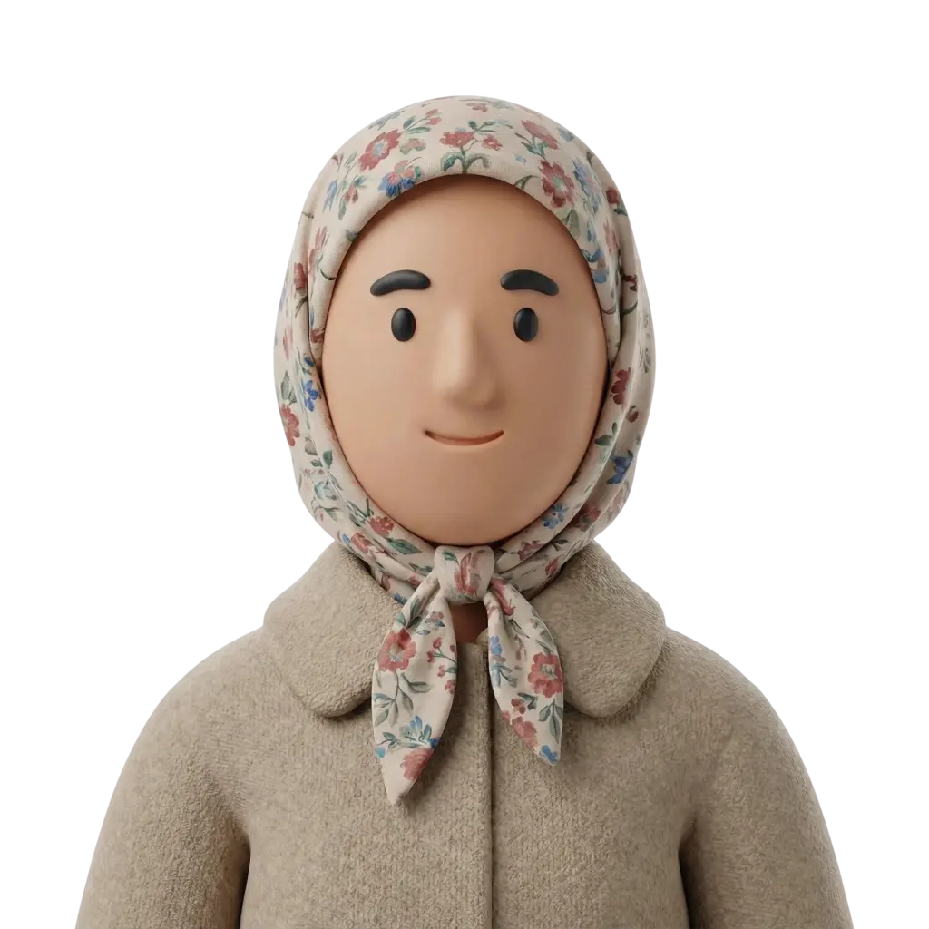 3D portrait bust of a female Syrian character wearing a floral headscarf tied under the chin and a beige textured coat, with a simple friendly smile and stylized black eyes; isolated on a black background.