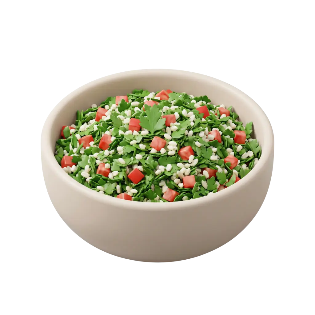 3D render of tabbouleh salad in a cream ceramic bowl, showing finely chopped bright green parsley, small white bulgur-like grains, diced red tomato cubes and a single parsley leaf garnish against a black background.