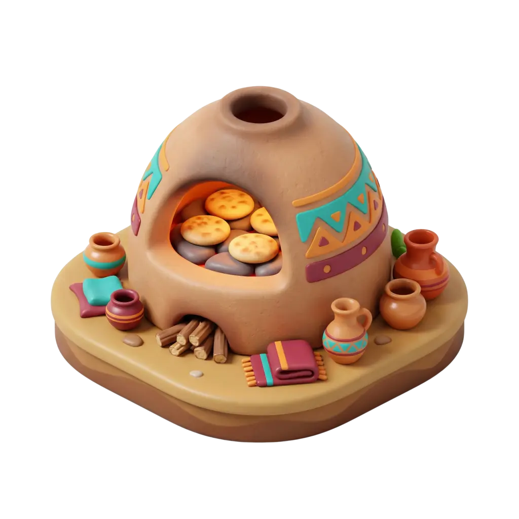 3D render of a dome-shaped clay taboon oven with a matte terracotta finish, painted turquoise and orange geometric bands and an open front showing stacked round flatbreads on hot stones. Surrounded by small painted pottery, folded textiles and firewood on an isolated black background.