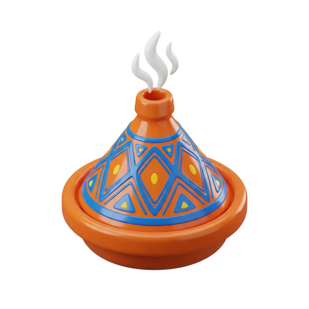 3D render of a small conical tagine pot with a glossy orange ceramic finish, decorated with blue geometric diamond patterns and yellow dot details; stylized white steam rises from the top spout against a black isolated background.