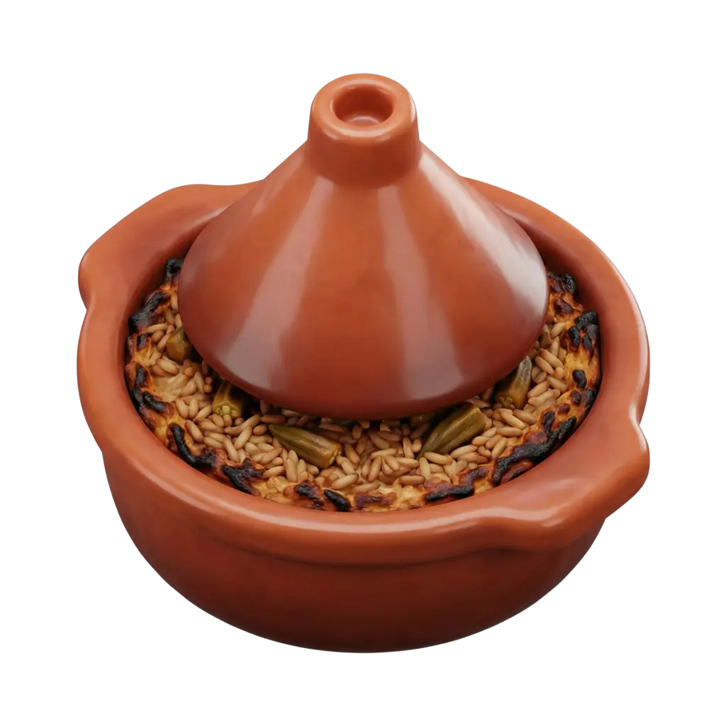 3D render of a glossy terracotta tagine pot with a conical lid, showing a partially visible interior of toasted grains and charred edges; isolated on a black background.