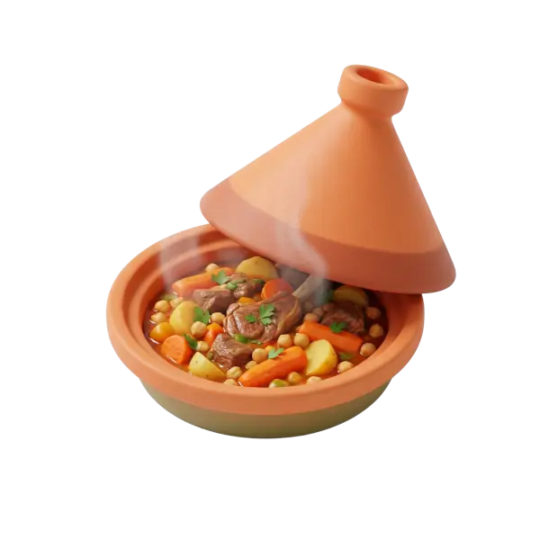 3D render of a terracotta tagine pot with its conical lid slightly lifted, revealing steaming stew with chunks of braised meat, carrots, potatoes, chickpeas and parsley, on an isolated black background.