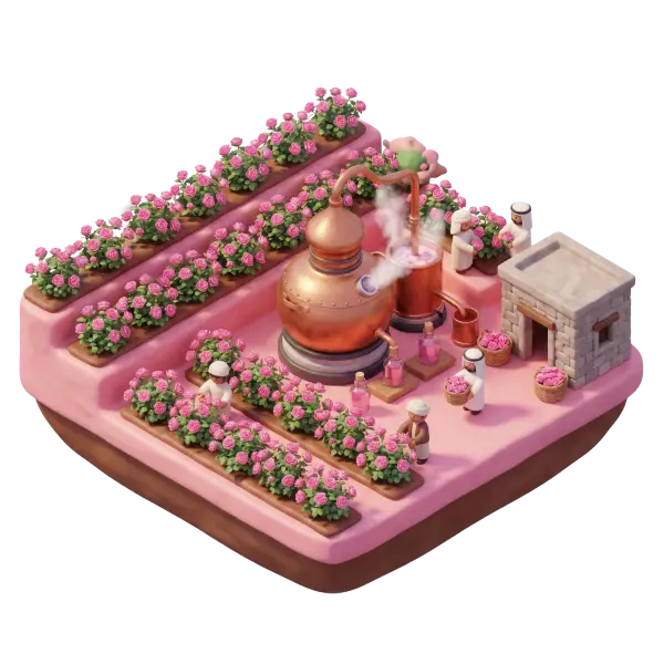 3D render of a Taif rose distillation diorama showing copper alembic stills, terraced beds of pink roses, baskets of petals and workers in traditional dress; isometric perspective with soft, warm pink lighting and isolated white background.