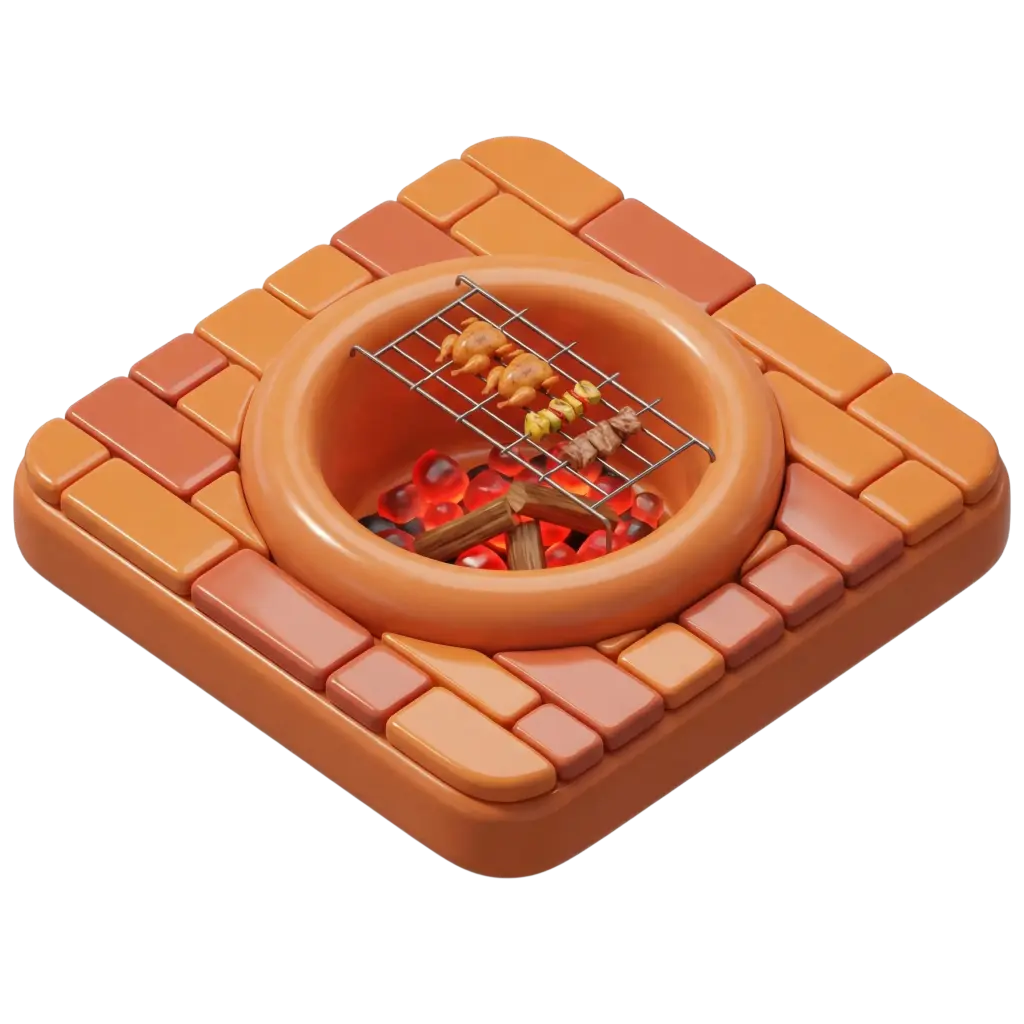 3D render of a square terracotta brick base with a circular clay tandoor/mandi pit, glossy ceramic finish, metal grilling rack with skewers of meat and glowing coals, isolated on a transparent background.