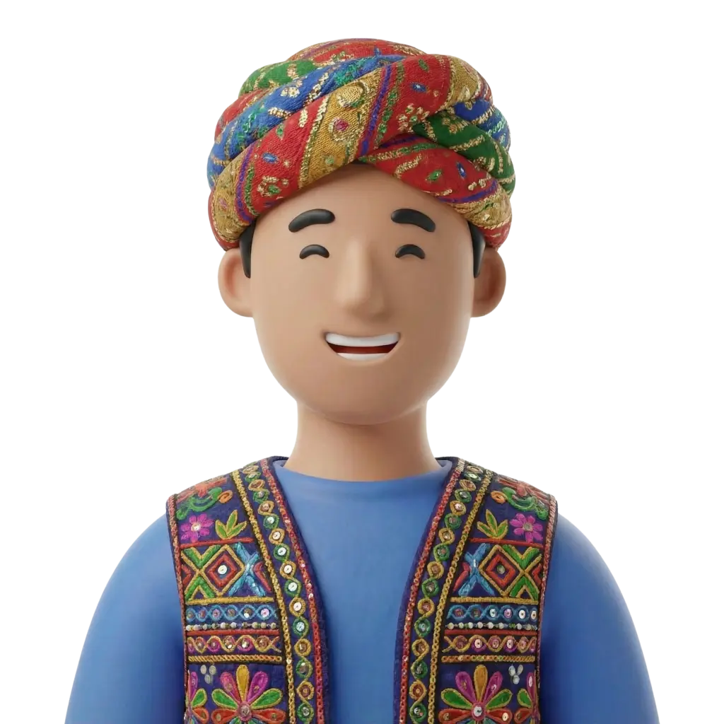 3D portrait bust of a smiling male Tanoura dancer wearing a colorful patterned turban (عمامة) and a richly embroidered vest over a blue shirt, eyes curved in a joyful expression and mouth open in a grin; isolated on a black background.