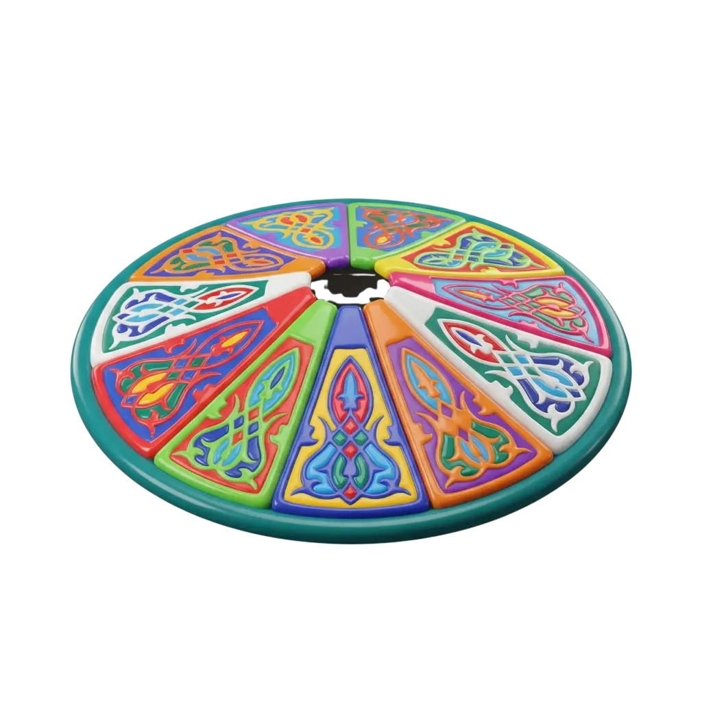 3D render of a circular Tanoura skirt laid flat with twelve colorful triangular panels featuring raised arabesque motifs, a teal rim and a glossy plastic-like finish, isolated on a black background.