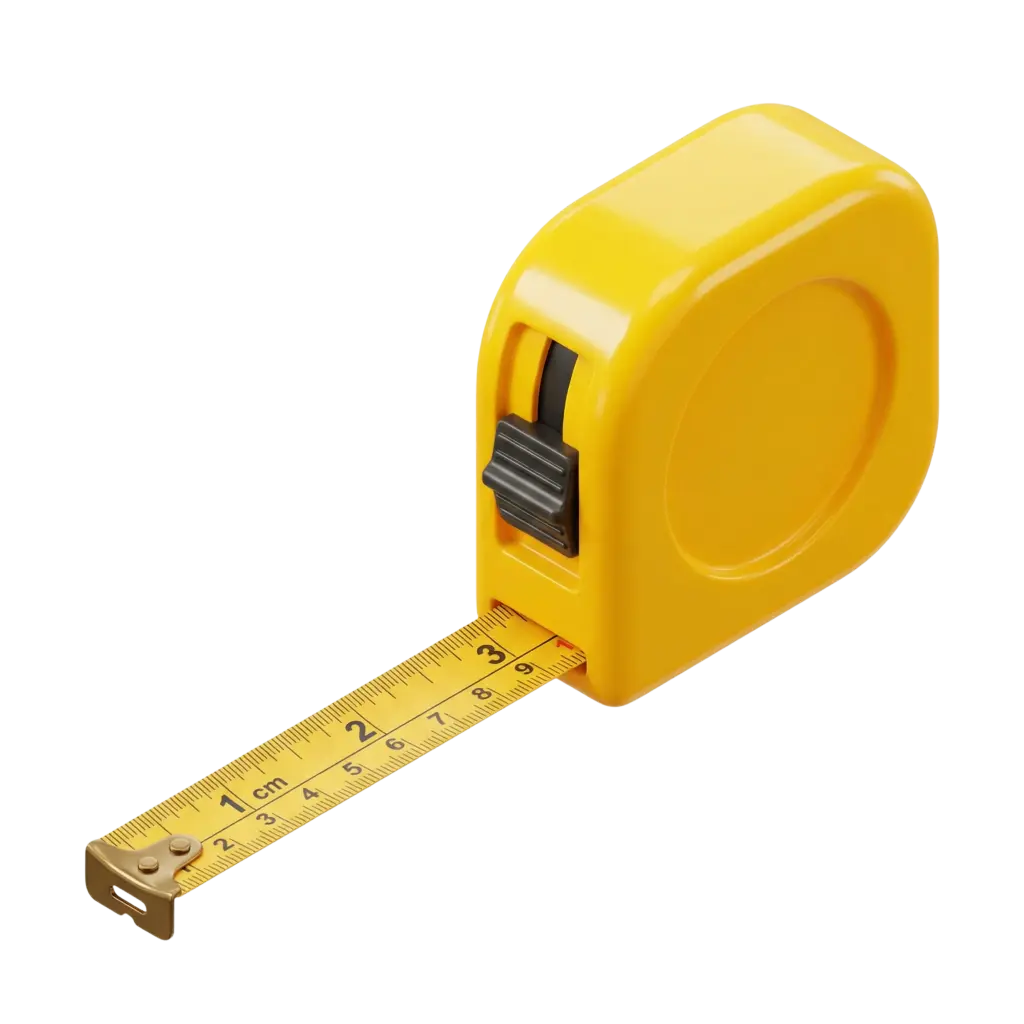 3D render of a yellow plastic tape measure with a glossy finish, a black locking button, and a metal measuring tape marked in centimeters with a metal hook, shown on a black background.