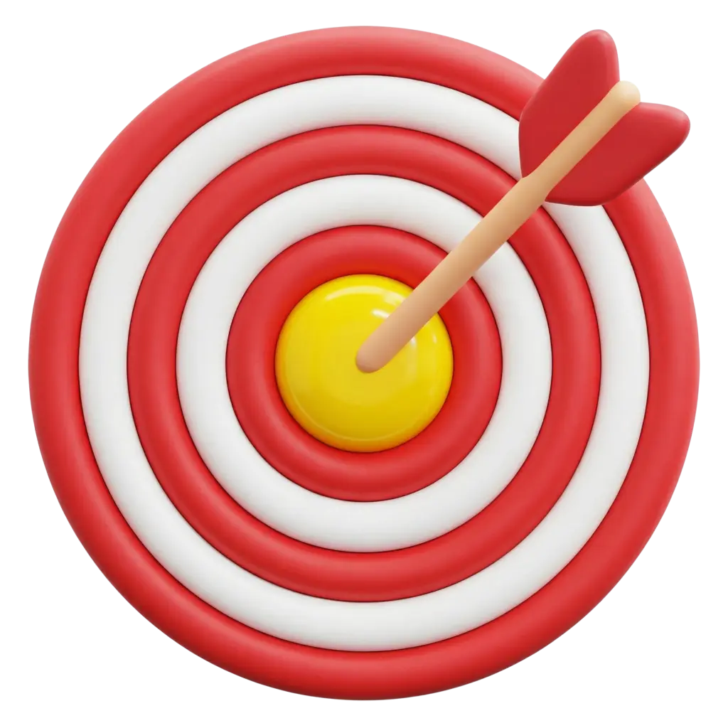 3D render of a circular target with red and white concentric rings and a glossy yellow bullseye. A beige-shafted arrow with red fletching is lodged in the center; smooth glossy plastic finish on a transparent background.