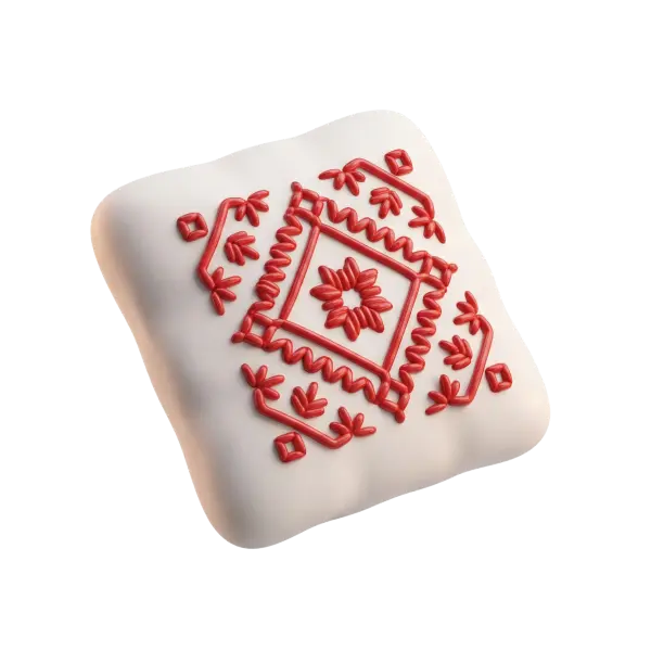 3D render of a soft square cushion-like tile with a matte ivory surface and raised glossy red tatreez embroidery in geometric floral motifs, isolated against a black background.