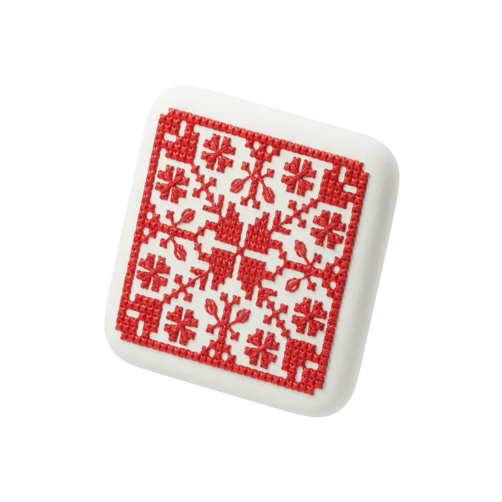 3D render of a white rounded square tile with raised red Tatreez embroidery in a symmetric floral-geometric pattern, glossy thread on matte fabric. Isolated on a black background.