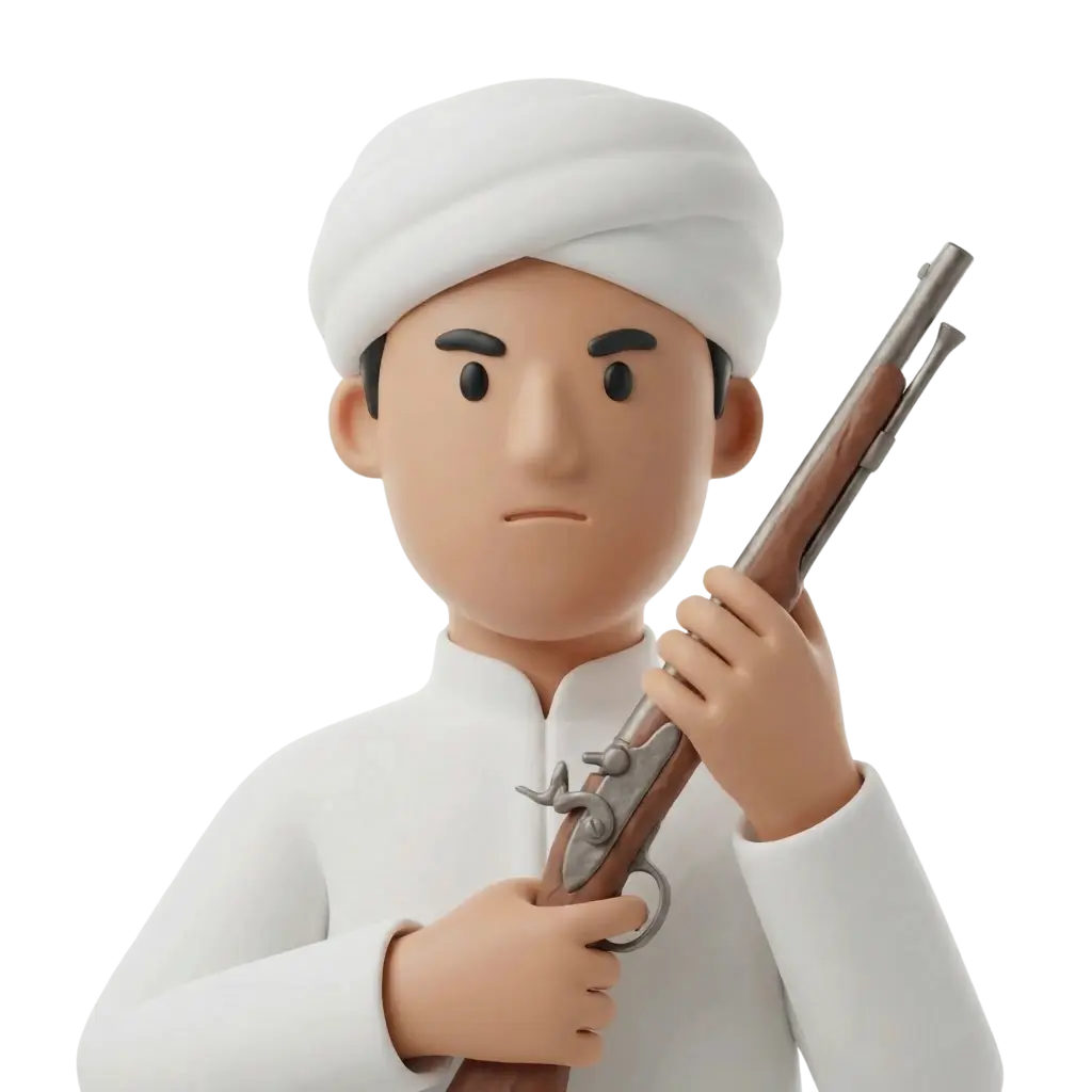 3D portrait bust of a male Tbourida rider wearing a white turban and white robe (djellaba), holding a long traditional musket with both hands, neutral serious expression, isolated black background.
