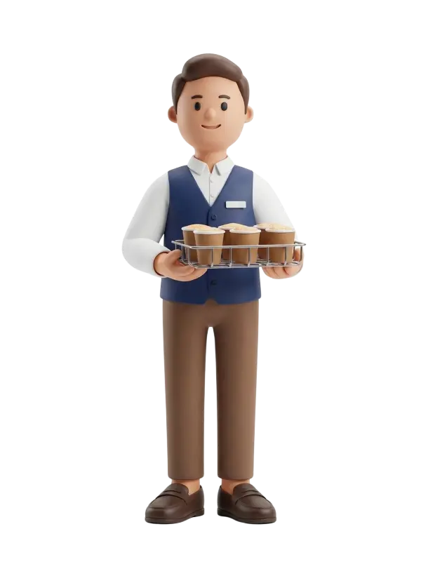 Full-body 3D character of a young male tea server wearing a white shirt, navy blue vest and brown trousers, holding a metal tray with six takeaway cups topped with foam, smiling with a friendly neutral expression, standing pose, isolated black background.
